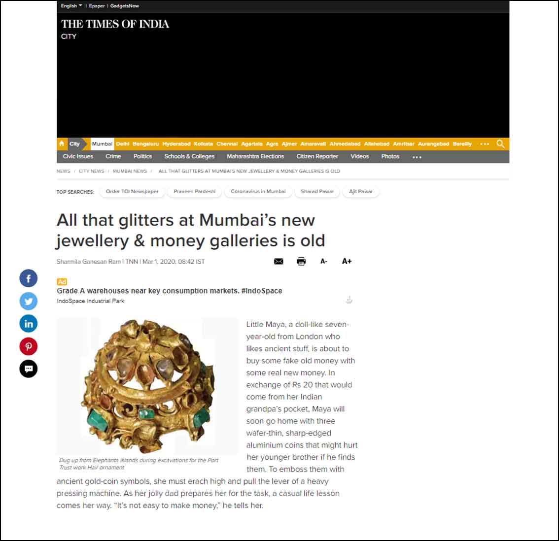 All that glitters at Mumbai's new jewellery & money galleries is old , Time of India - March 2020